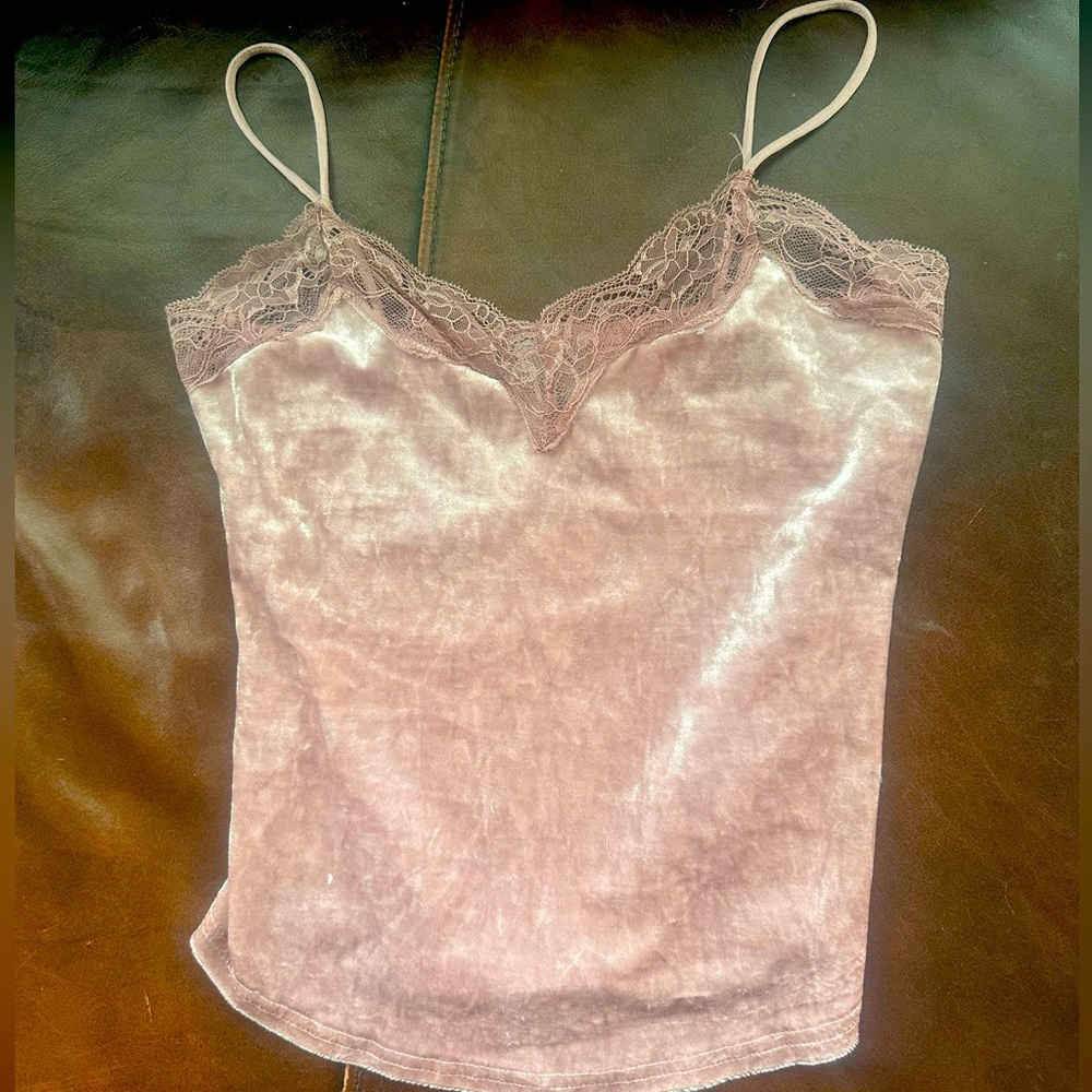Lace Trim Velvet Cami Top - Pink size Small